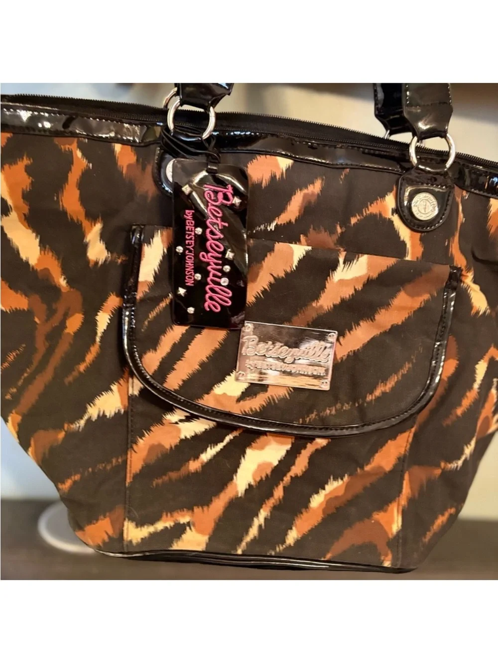 Betsey Johnson Brown Black Tan Tiger-Print Tote EUC